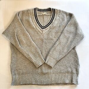 American Eagle V-Neck Sweater, Gray with Blue Varsity Stripe, Size L